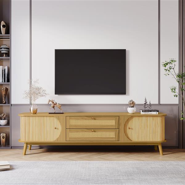 Rattan TV Stand for TVs up to 75'', Modern Farmhouse Media Console, Entertainment Center with Solid Wood Legs, TV Cabinet for Living Room,Home Theatre