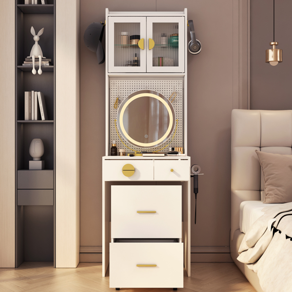 Small Vanity Desk with Mirror and LED Lights, Makeup Table with Charging Station and drawers and Storage Shelves for Small Space, Compact Mini Corner Vanity Set with Hidden Storage Stool for Bedroom