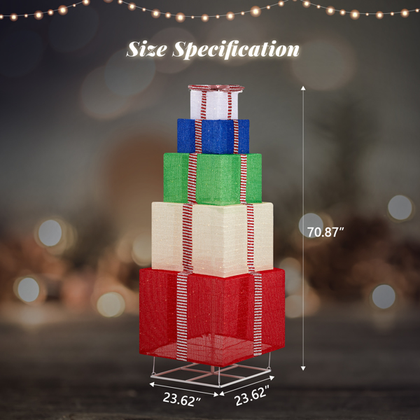 6FT Lighted Gift Box Tower, Pre-lit Pull Up Present Boxes with 200 LED Warm White Lights and Ropes Stakes for Christmas Outdoor Indoor Decorations Lighted Holiday Displays, Multicolor