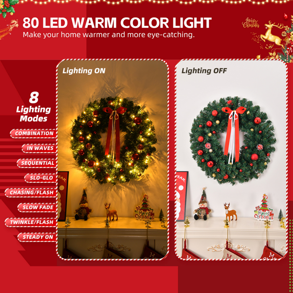 36in Pre-lit Battery Powered Christmas Wreath, Lighted Artificial Xmas Wreath with 80 Warm Lights and 270 PVC Tips and 18 DIY Ornaments, for Front Door Gate Wall Xmas Party Decorations