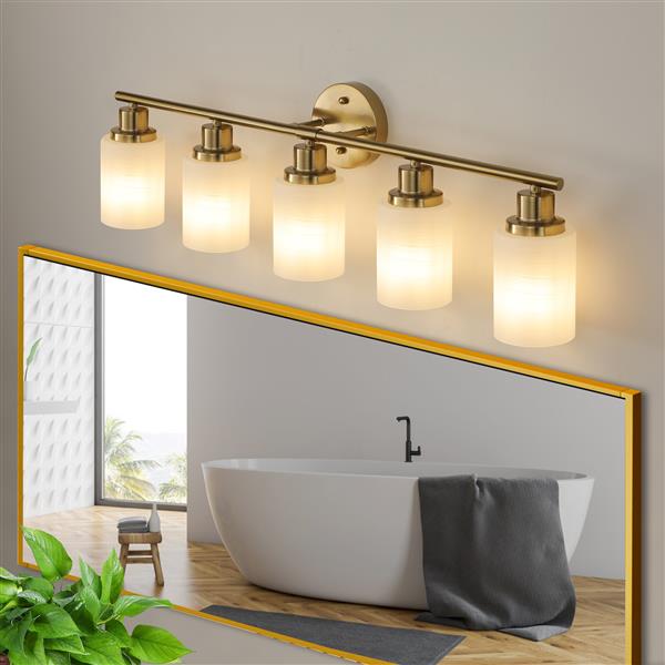 5-Light Golden Bathroom Vanity Light Fixture, Frosted Glass Shades, Modern Wall Mounted Lighting (No Bulbs)