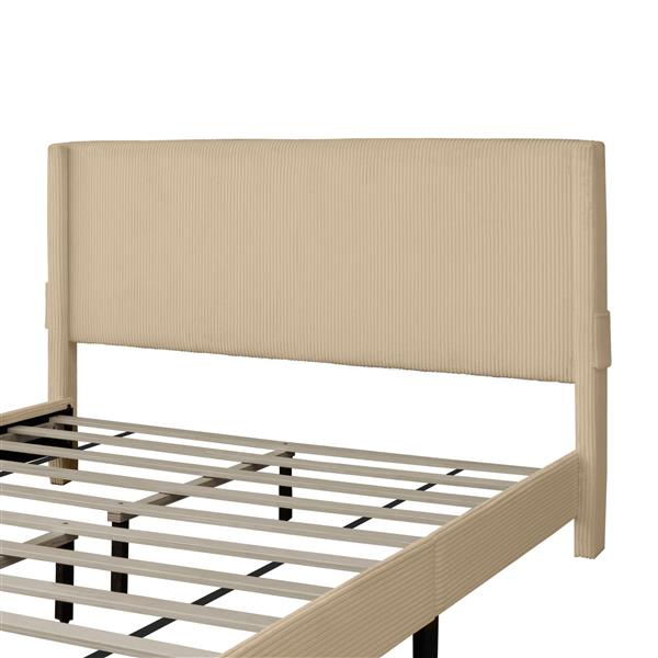 BEIGE QUEEN SIZE BED IN CORDUROY WITH WING DESIGN, PERFECT FOR ANY DECOR. TWO DRAWERS PROVIDE AMPLE STORAGE; IDEAL FOR BEDROOM COMFORT! NO BOX SPRING NEEDED; MATTRESS NOT INCLUDED.