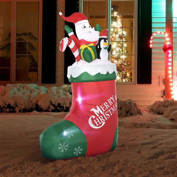 5ft Christmas Inflatables Outdoor Decorations Santa and Penguin Standing in Sock with Candy Cane Gift Box, Blow-Up LED Yard Christmas Decor for Lawn Garden Party