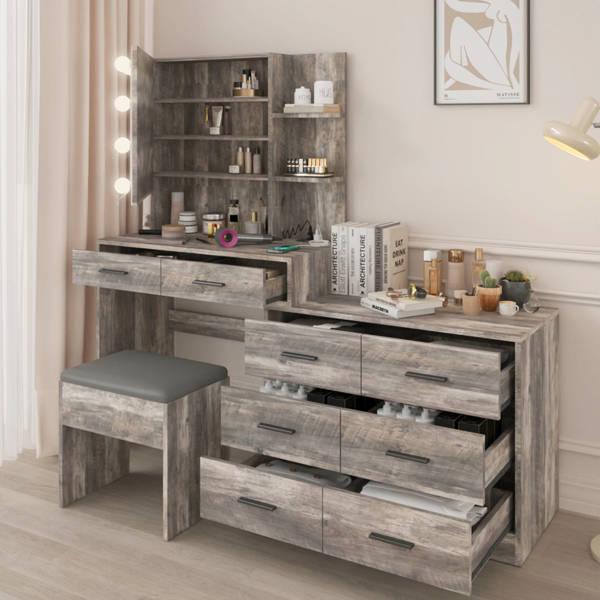 Large Makeup Vanity with Lights, Vanity Table with Charging Station, Vanity Desk with Mirror and 10 LED Light Bulbs, Makeup Table with Drawers and Storage Shelves, Gray