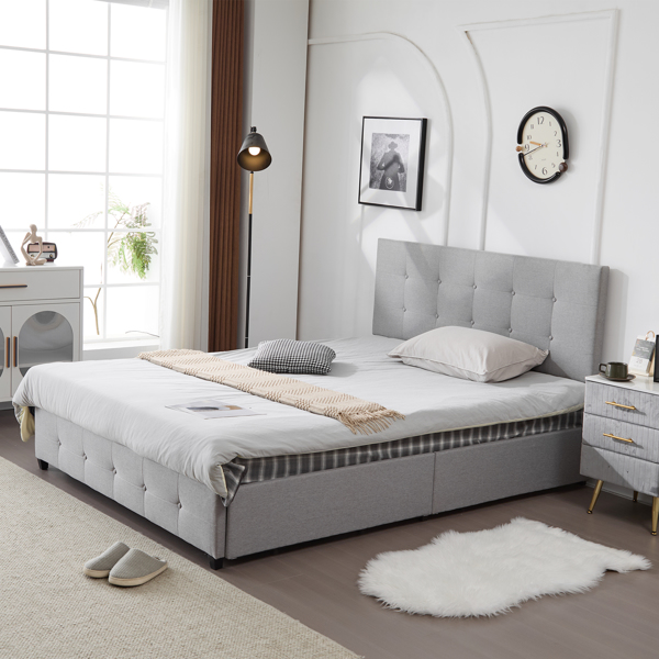 Upholstered Queen Platform Storage Bed Frame with 4 Drawers, Adjustable Headboard with Button Tufted Design, Wooden Slat Support, No Box Spring Needed, Light Grey