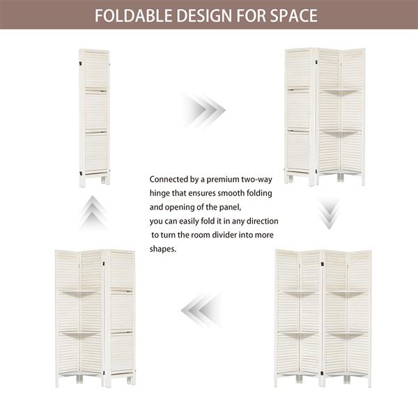 Room Divider with Shelves, 4 Panel White Room Divider, Room Dividers and Folding Privacy Screens, Portable Wooden Room Dividers and Partitions for Bedroom, Home Office, Studio (Warm White)