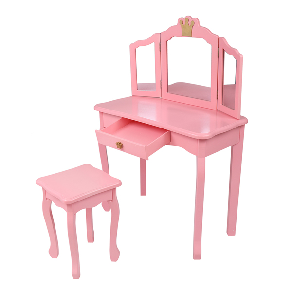 Children's Wooden Dressing Table Three-Sided Folding Mirror Dressing Table Chair Single Drawer Pink Crown Style