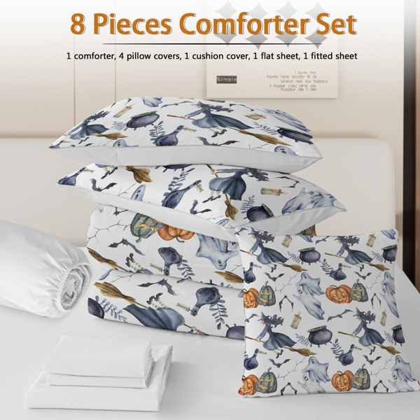 8 Pieces Halloween Comforter Set, Witch Pattern Bed in A Bag Bedding with Comforter Sheet Sham - 1 Comforter, 2 Pillow Shams, 1 Flat Sheet, 1 Fitted Sheet, 1 Cushion Cover, 2 Pillowcases Queen Size