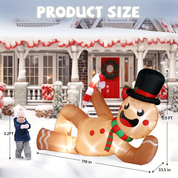 9.8 FT Lighted Christmas Inflatable Decoration, Large Inflatable Lying Gingerbread Man, Funny Blow Up Yard Decorations with Built-in LED Lights for Holiday Party Front Yard Lawn Garden Decor