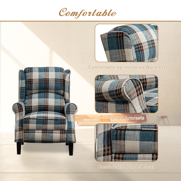 Vintage Armchair Sofa Comfortable Upholstered leisure chair / Recliner Chair for Living Room, Blue Check