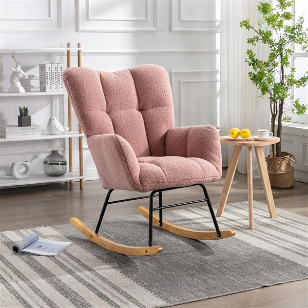 Mid Century Modern Teddy fabric Tufted Upholstered Rocking Chair Padded Seat for Living Room Bedroom,Pink