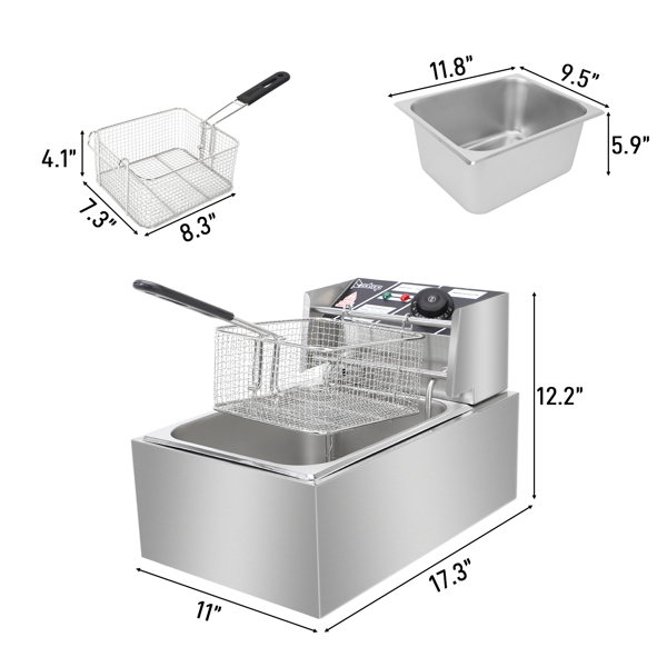 【Old Code：63547397】EH81 2500W MAX 110V 6.3QT/6L Stainless Steel Single Cylinder Electric Fryer US Plug