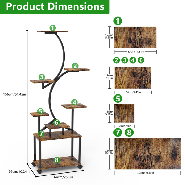 8 Tiered Plant Stand Indoor With Grow Lights S-shaped Lighted Plant Shelf 61.42in Plant Tower with 4 Lockable Wheels for Living Room Patio