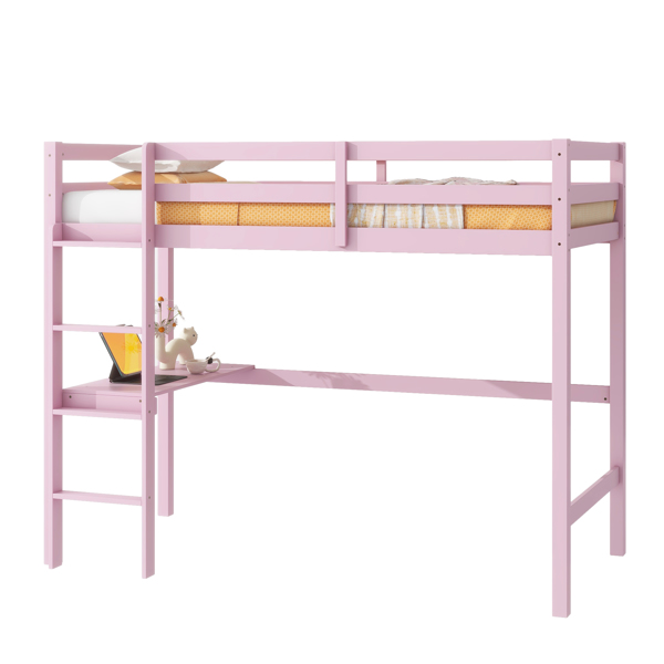 Twin High Loft Bed, Rubber Wood Loft Bed with Safety Guardrail, built-in desk, ladder,Pink 