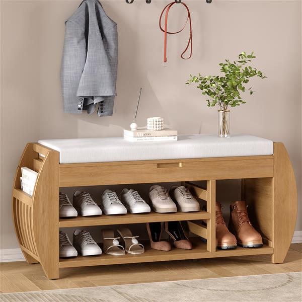 Retro Multifunctional Storage Bench with Cushion and Curved Side Panel for Entrance and Living Room (Natural)