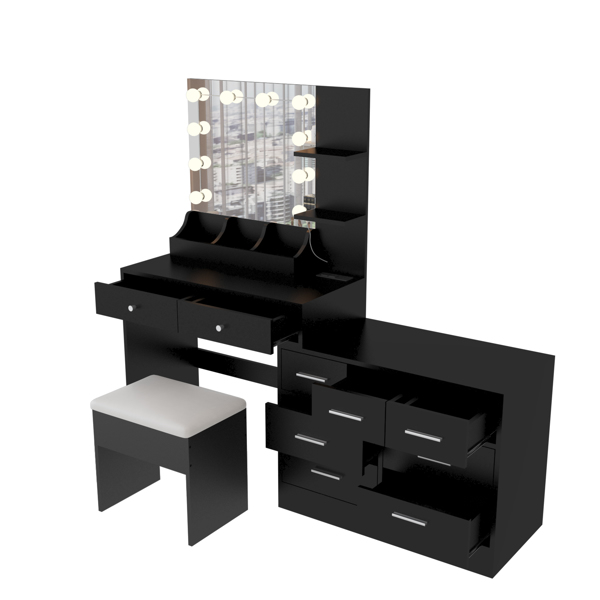 Large Makeup Vanity with Lights, Vanity Table with Charging Station, Vanity Desk with Mirror and 10 LED Light Bulbs, Makeup Table with Tabletop Compartments, Drawers and Storage Shelves, Black