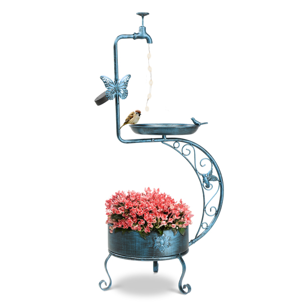 36 inch Bird Baths for Outdoors, Vintage Metal Garden Bird Bath with Solar Lamp and Flower Planter Pedestal Standing Bird Feeder, Antique Blue