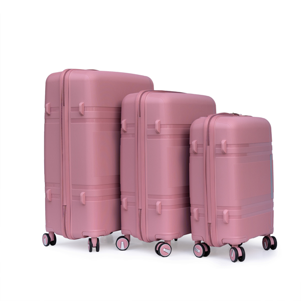 3 Piece Luggage Sets PP Lightweight Suitcase with Two Hooks, Spinner Wheels, (20/24/28) 2307  pink