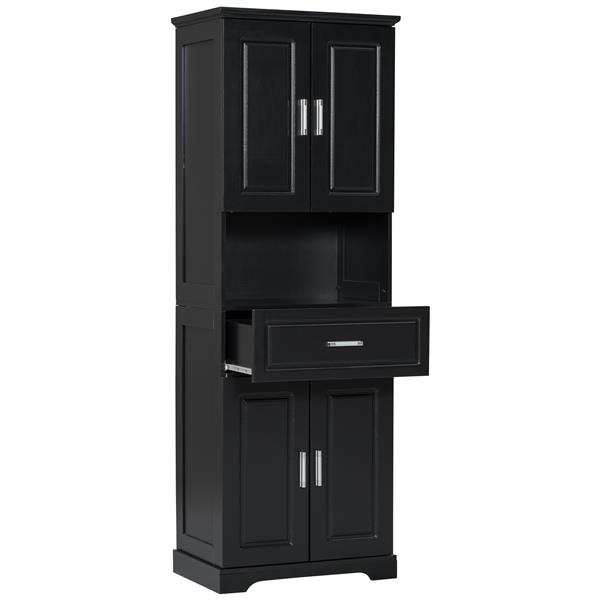 Tall Bathroom Cabinet with Four Doors, Large Storage Space Open Shelve, Upper Storage Cabinet, Black