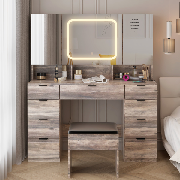 Large Vanity Table Set with 3 Opening Mirrors and LED Lights, Vanity Table with Full Storage Behind Mirror, Makeup Table with Drawers and Storage Shelves, Cushioned Stool for Bedroom, Gray