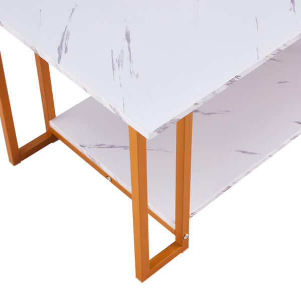  Coffee Table, 2 Layers 1.5cm Thick Marble MDF Rectangle 39.37" L Tabletop Iron Coffee Table , Dining Room, Coffee Shop, Resterant, White Top, Gold Leg 