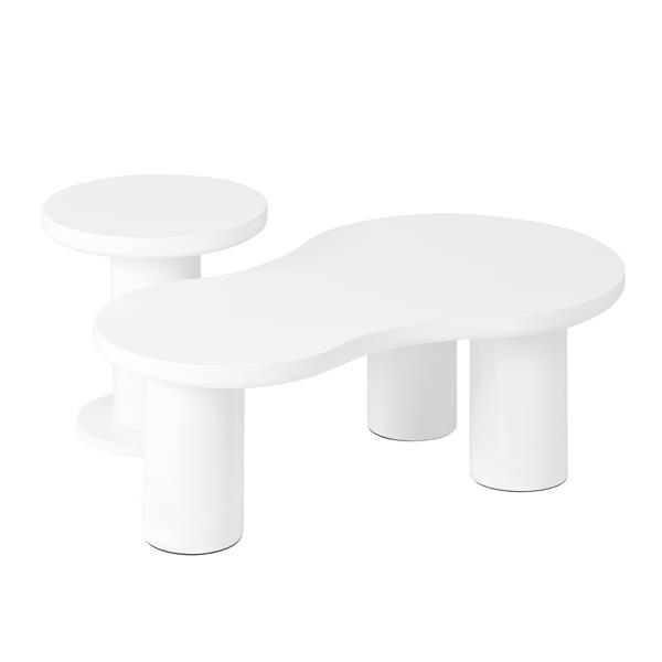 Easy Assembly Nesting Coffee Table Set of 2, Cream Style Cloud Coffee Table with Round Small Side Table,  Irregular Center Table with Thick Legs for Living Room, White, 39.3''x 13.7'',Φ15.7''