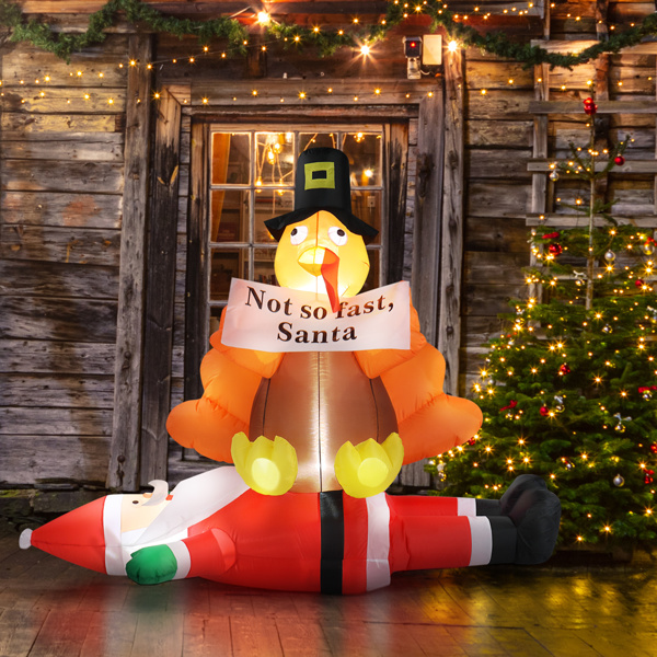 4.9 FT Lighted Christmas Inflatable Decoration, Inflatable Turkey Sitting on Santa Claus, Funny Blow Up Yard Decorations with Built-in LED Lights for Holiday Party Front Yard Lawn Garden Decor