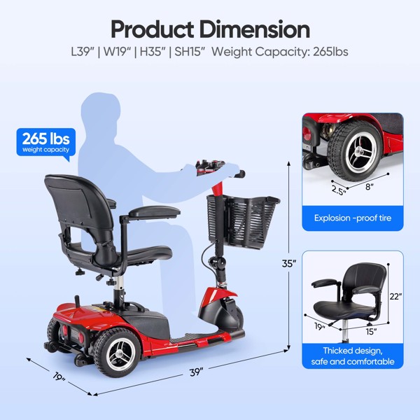 3 Wheel Mobility Scooters for Adults, Foldable Mobility Scooter for Seniors, Powered Electric Scooter with Basket, Heavy Duty Mobile for Travel, Elderly - Long Range Power Extended Battery (Red)