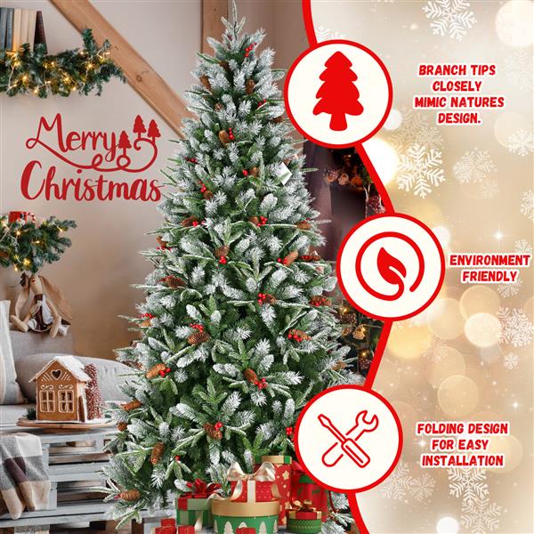 8ft PE/PVC Spray White Christmas Tree with 2850 PE&PVC Mixed Branch Tips, Hinged Premium Fake Xmas Trees, Hinged Branch & Foldable Base, Green