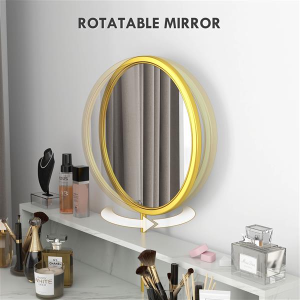 Modern Vanity Makeup Desk with Mirror, Dressing Table with Open Storage, Faux Marble Finish and Steel Frame for Bedroom, White and Gold