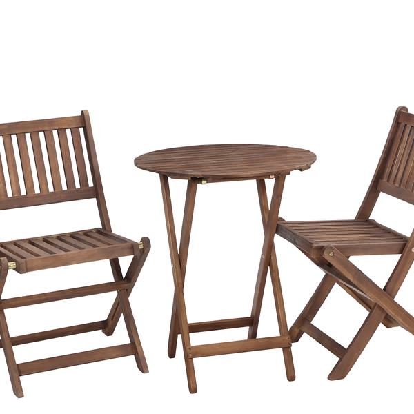 3-Piece Acacia Wood Bistro Set, Wooden Folding Patio Furniture for Garden Backyard Balcony Porch w/ 1 Coffee Table and 2 Foldable Chairs, Natural Stained