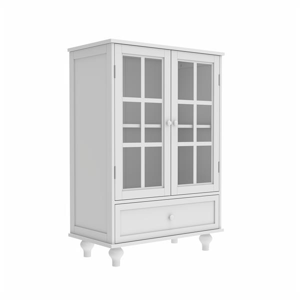 Minimalist White Buffet Cabinet with Double Glass Doors and Drawer, Modern Wooden Storage Sideboard Cupboard for Living room, Dining Room Hallway Entryway