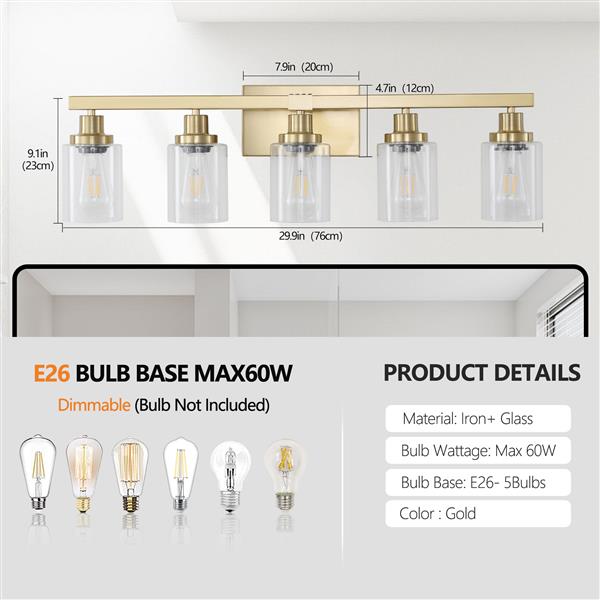 Golden 5-Light Vanity Light with Clear Glass Shades, Modern Iron Metal Bathroom Wall Fixture for Mirror, Ideal for Bathroom and Dressing Table (No Bulbs)