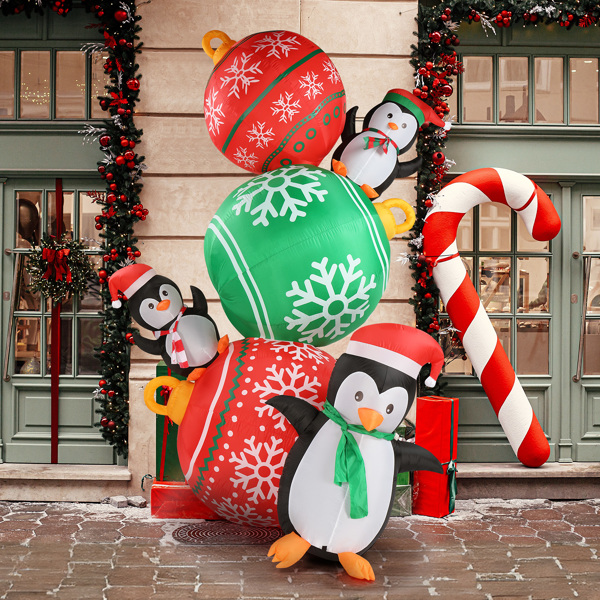 8.9 FT Lighted Christmas Inflatable Decoration, Inflatable Christmas Balls and Penguins, Funny Blow Up Yard Decorations with Built-in LED Lights for Holiday Party Front Yard Lawn Garden Decor