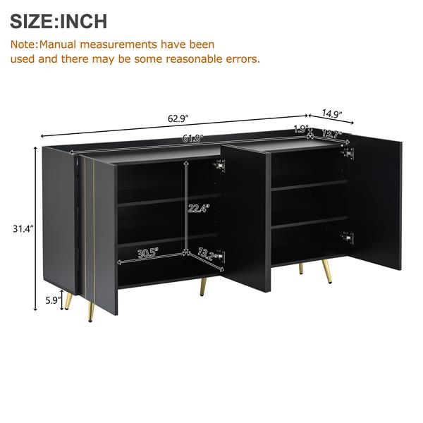 Luxurious Shoe Cabinet with 5 Metal Legs, Modern TV Stand with 4 Adjustable Shelves for TVs Up to 70", Minimalist Sideboard Cabinet with Gold Lines Doors for Living Room,62.9"x 31.4",Black