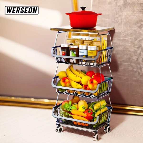 4 Tier Fruit Storage Basket, Fruit Vegetable Cart with Solid Wood, Kitchen Storage Rack with Rollers for Pantry