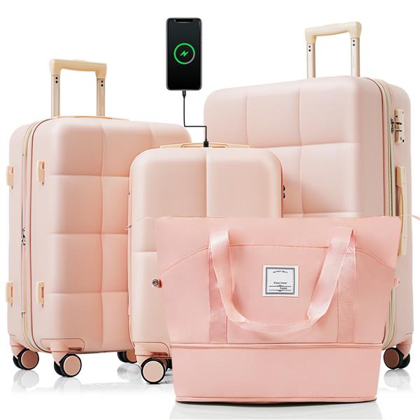 Luggage Sets 4 Piece, 20-inch with USB Port, Expandable ABS Durable Suitcase with Travel Bag,  Cup Holder, ABS Hard Shell Luggage with Spinner Wheels, pink