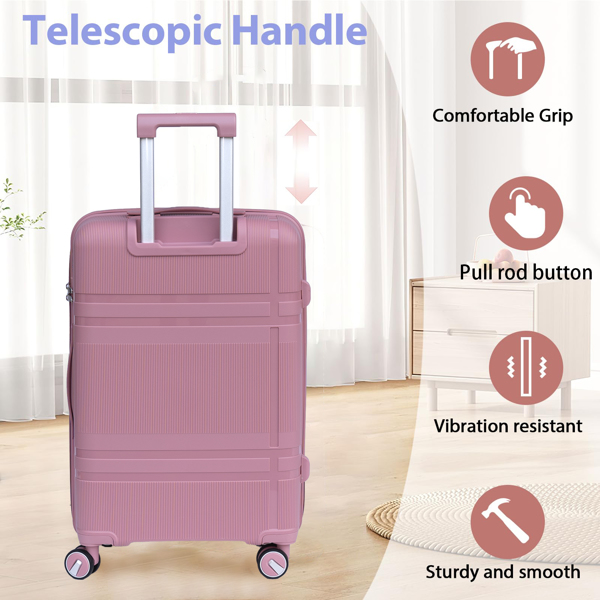 3 Piece Luggage Sets PP Lightweight Suitcase with Two Hooks, Spinner Wheels, (20/24/28) 2307  pink