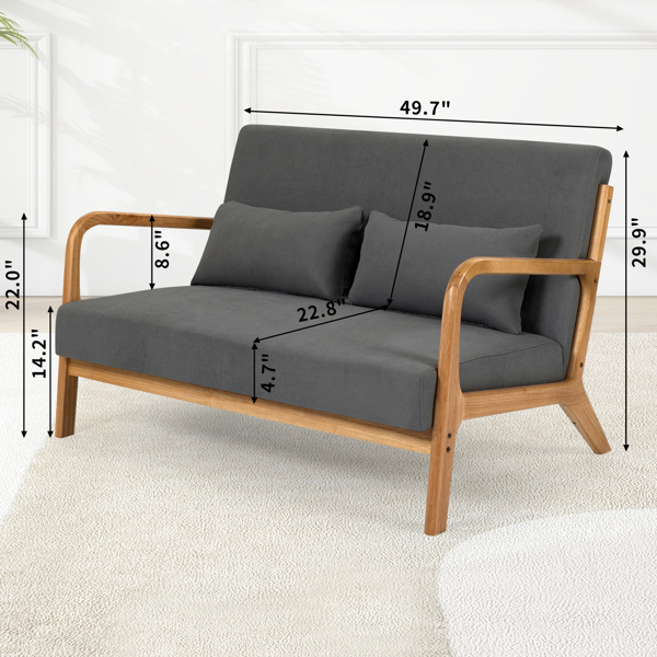 Leisure Chair with Solid Wood Armrest and Feet, Mid-Century Modern Sofa,2 seat