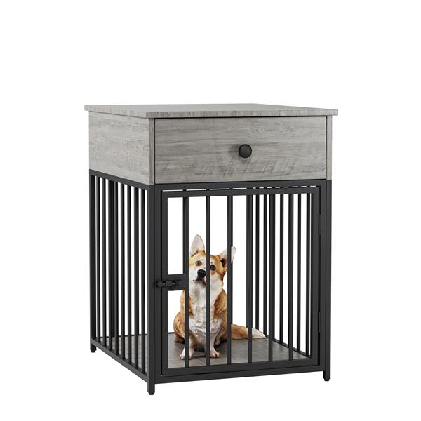 Dog Crate Furniture, Dog House, Decorative Dog Kennel with Drawer, Indoor Pet Crate End Table for Small Dog, Iron-Tube Dog Cage, Chew-Proof