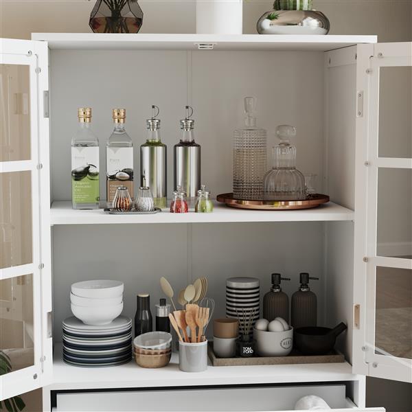 Minimalist White Buffet Cabinet with Double Glass Doors and Drawer, Modern Wooden Storage Sideboard Cupboard for Living room, Dining Room Hallway Entryway