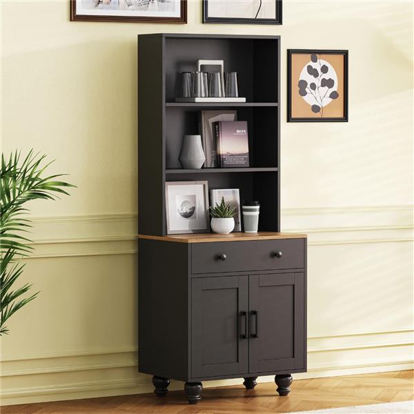 Farmhouse Storage Cabinet with 4 Solid Wood Gourd-Shaped Legs, Modern Kitchen Pantry Cabinet with Adjustable Shelves, 5 Tier Bookshelf with Drawer for Living Room, Black