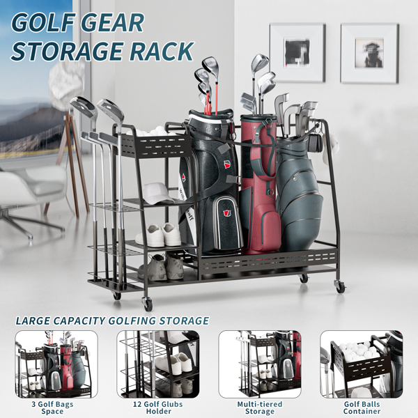 Golf Bag Organizer for Garage, Golf Bag Stand Fit 3 Golf Bags and Golf Equipment Accessories, Golf Club Rack with Shelf and Lockable Wheels, for Garage Home Simulator and Office