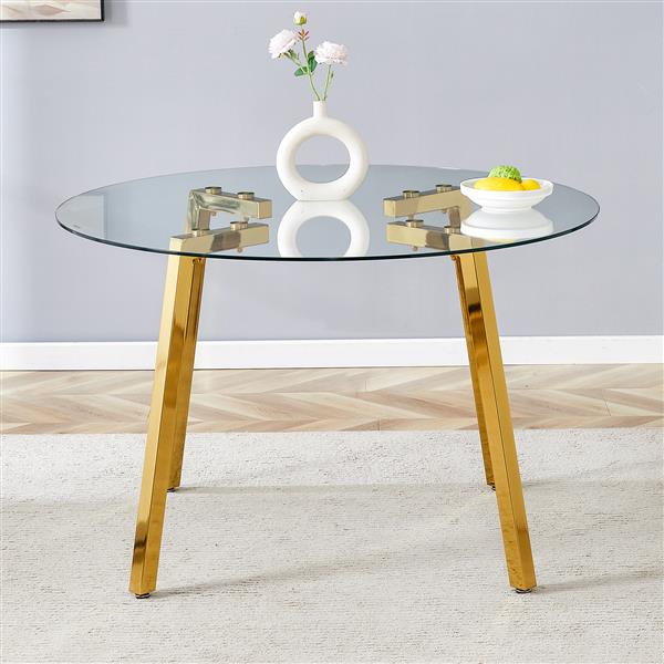 Modern Luxurious Round Tempered Glass Dining Table with Gold 7-Shaped Metal Legs,suitable for family meals, office conferences, or as a casual coffee table for various occasions.47.3*47.3*29.5