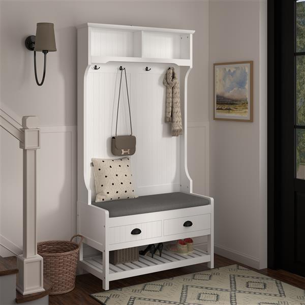 3-in-1 Hallway Hall Tree with 2 Storage Drawer and 4 Coat Rack, Wooden Entryway Shoe Rack Bench with Padded Seat Cushion, Mudroom Bench with Top Storage Shelf