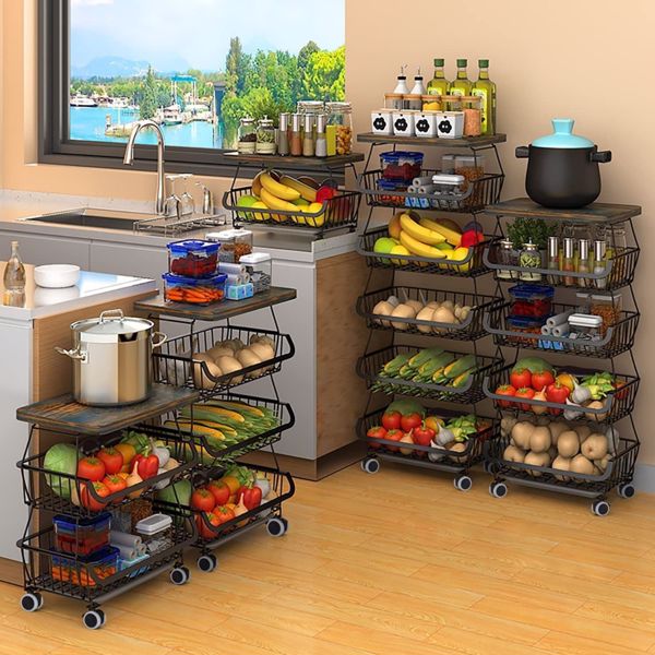 6-Tier Fruit Basket Rack, Stackable Wire Basket Cart with Solid Wood Top, Kitchen Vegetable Storage&Organization