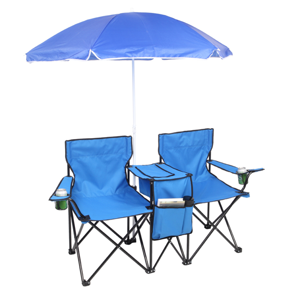 Portable Outdoor 2-Seat Folding Chair with Removable Sun Umbrella Blue