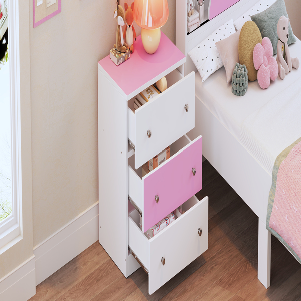 3-Drawer Wooden Nightstand with Colorblock Design and Plastic Handle, Wood Side Table with Storage Cabinet for Bedroom, White+Pink 