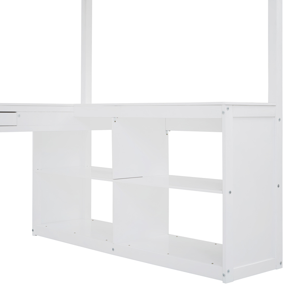 Full Wooden Loft Bed with U-shaped Desk,Storage Compartments and Tri-fold Mirror, White 