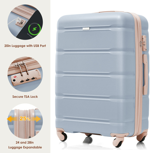 Luggage Set of 3, 20-inch with USB Port, Airline Certified Carry-on Luggage with Cup Holder, ABS Hard Shell Luggage with Spinner Wheels, light blue and golden